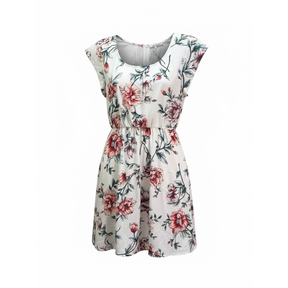 Sweet Rain Women's Floral Fit & Flare Dress White Pink Cap Sleeve Size S